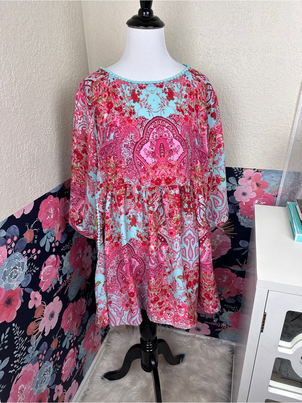 Uncle Frank Pink & Turquoise Boho Paisley Floral Print Babydoll Top Size XL